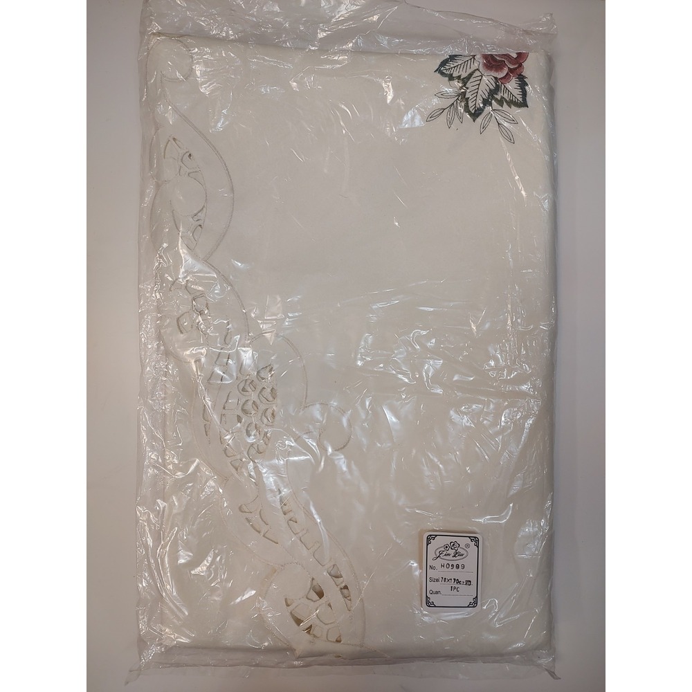 Tablecloth 70 Inch Round Vintage Ivory Embroidered Rose Cutout Lace Like Trim